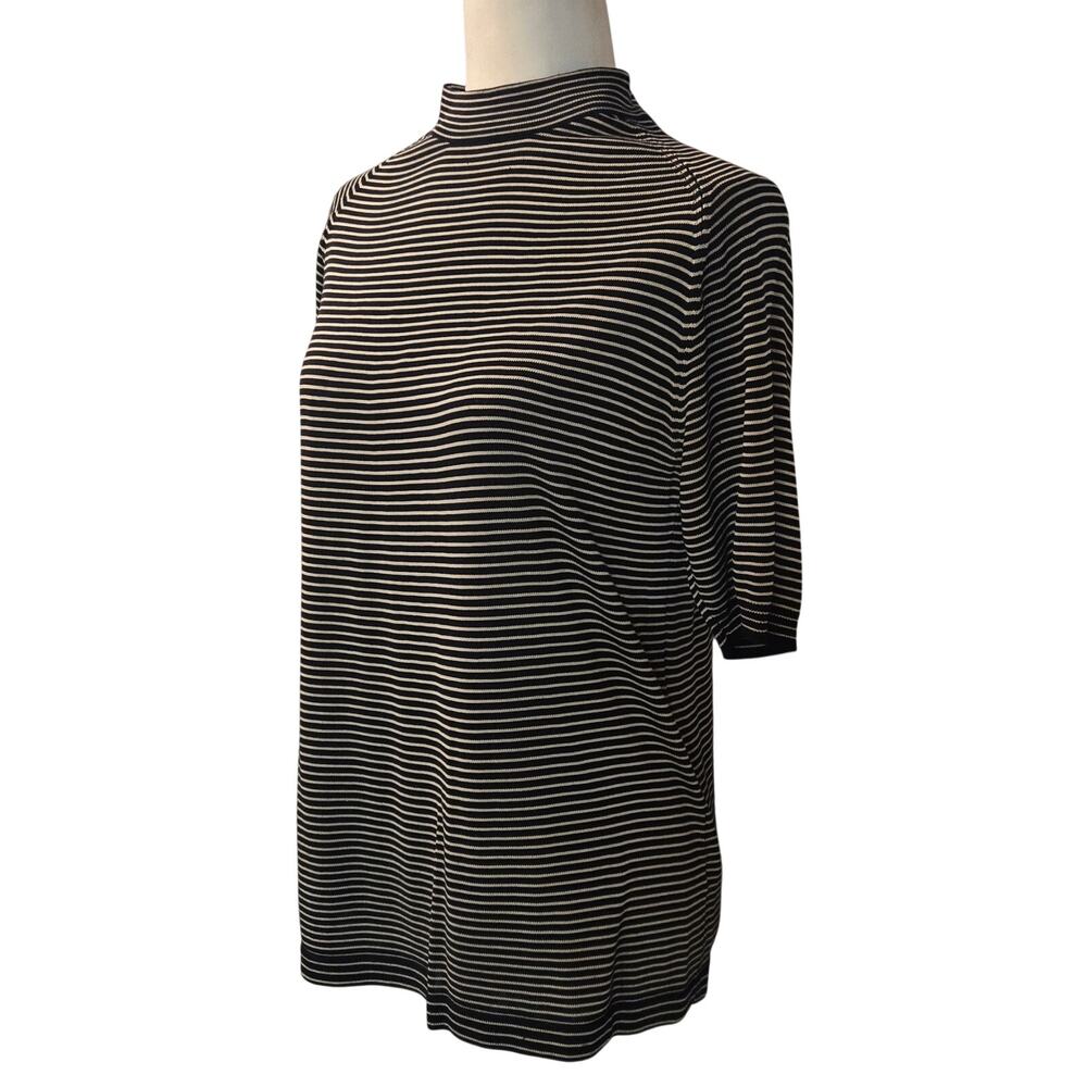 100% Silk Womens Striped Top Black Tan Elegant Blouse Soft Drape Sz Small - Picture 2 of 6